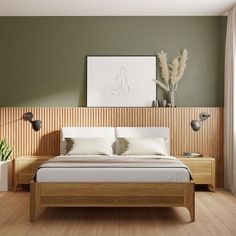 a bedroom with green walls and white bedding in the center, along with two planters on either side of the bed