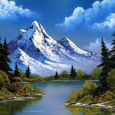 a painting of a snow covered mountain with trees in the foreground and water below