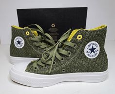 NEW Converse CT All Star II Hi 154021C Unisex Fatigue Green Sneakers Shoes M4 W6 Thanks for checking this out! Hope you like it :) These new Converse CT All Star II Hi are brand new in box* *Box is missing top lid Pic 9 shows Converse logo patch has discoloration on 1 shoe Unisex - Men's 4 Women's 6 Fatigue Green color Matching laces Please check out the photos for details, quality and measurements laying flat, as this gem is sold as-is. Smoke-free home --- Combined shipping is offered for all same-day purchases, so check out our other goods! Questions are always welcome - I'm happy to help you choose to shop with me! Converse 1 Star Green, Miss Matched Converse, Green Color Matching, Converse Logo, All Stars Converse, New Converse, Green Sneakers, Converse All Star, I'm Happy