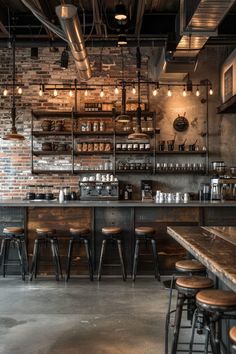 the interior of a restaurant with wooden tables and stools, exposed brick walls and industrial lighting