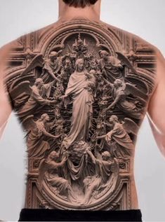 the back of a man's body with an image of jesus and other people on it