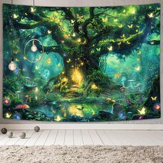 a wall hanging in a room with a tree and butterflies on it's back