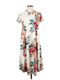 Reb & J. Casual Dress Size: Medium Ivory Dresses - used. 95% POLYESTER, 5% SPANDEX, Mock, Print, Midi/Calf Length, Short Sleeve | Reb & J. Casual Dress: Ivory Print Dresses - Used - Size Medium Cream A-line Midi Dress With Floral Print, Spring Beige Stretch Maxi Dress, Beige Stretch Maxi Dress For Spring, Floral Print Stretch Maxi Dress With Short Sleeves, Stretch Floral Print Maxi Dress With Short Sleeves, Modest Cream Dress For Spring, A-line Cream Midi Dress With Floral Print, White Floral Print Stretch Maxi Dress, Cream Short Sleeve Maxi Dress For Spring