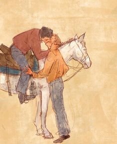 a drawing of a man and woman riding a white horse with their heads touching each other