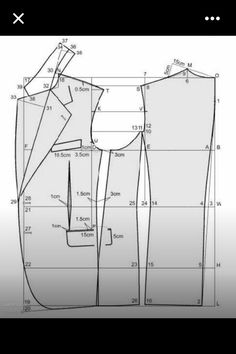 a drawing of a shirt and pants with measurements on the bottom, in black and white