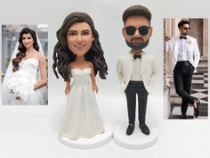 a bride and groom bobble head are shown in three different photos, one is wearing a tuxedo