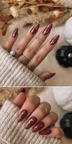 This celestial-inspired design features rich burgundy almond nails adorned with golden stars, moons, and constellations. The ethereal touch makes it both trendy and mystical, perfect for those who love unique nail art.  Occasion: Ideal for autumn nights, celestial-themed events, or even cozy winter evenings.  Pro Tip: Pair these nails with gold accessories and soft beige or white outfits for a dreamy aesthetic.  Essentials:  Burgundy base polish Gold nail stickers or detailing pens Clear top coat for extra shine Burgundy Evening Gown, Burgundy Fashion, Burgundy Nails, Clear Top, Autumn Night, Golden Star, Unique Nails, Gold Accessories, Gold Nails