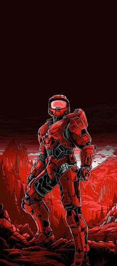 a red robot standing in the middle of a desert with mountains and trees behind him