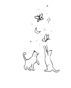 two cats playing with a butterfly in the sky