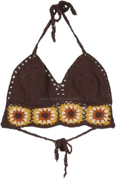 This handmade bohemian bra top is crafted from soft cotton crochet and comes in two sizes. The top features a brown base with intricate crochet patterns in shades of yellow and beige, creating a visually appealing design. #tlb #Sleeveless #CrochetClothing #vacationclothing #beachwrap #bohemianfashion #Handmade #BohemianBralette #Crochettop #Cottontop Yellow Bohemian Crochet Top For Festival, Bohemian Brown Crop Top, Brown Triangle Halter Top For Vacation, Yellow Crochet Lace Top For Festival, Fitted Yellow Bohemian Crochet Top, Fitted Bohemian Brown Crop Top, Brown Fitted Crop Top For Vacation, Fitted Brown Halter Top For Festivals, Brown Crochet Top For Summer Vacation