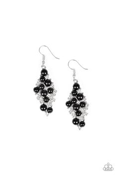 Shiny black beads, dainty silver studs, and radiant white rhinestones coalesce into an elegant lure. Earring attaches to a standard fishhook fitting. Sold as one pair of earrings. Silver Strand, Famous Fashion, Paparazzi Accessories, Blue Gems, White Rhinestone, Black Earrings, Fashion Black, Affordable Jewelry, Paparazzi Jewelry