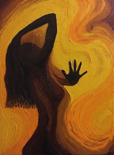 a painting of a woman's silhouette with her hands up in front of the sun