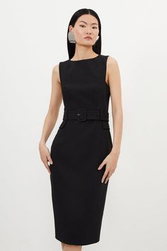 Compact Stretch Belted Tailored Midi Pencil Dress Petite Wedding Guest Dresses, Plus Size Workwear, Black Pencil Dress, Spring Wedding Guest Dress, Draped Midi Dresses, Midi Pencil Dress, Outfits Petite, Bandeau Dress, Black Pencil