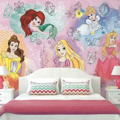 a bedroom decorated with disney princess wallpapers