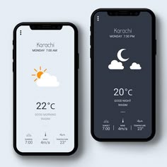 two iphones displaying the different weather conditions