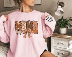 Mom Fall Sweatshirt,Personalized Mama Fall Sweater With Kids Name, Mama Pumpkin Hoodie, Fall Mama Coquette Pumpkin Sweater,Coquette Fall Mom Don't hesitate to contact us if you have any questions about colors, sizes, and personalization's.  *Our processing time is 1-2 business days and we're located in Texas, US. *We use high quality DTF Printing to print the designs on an iron-on vinyl. To Order: Select a size, color, and add personalization (if applicable) before adding to your cart.  How to T Cute Long Sleeve Fall Sweatshirt, Cute Long Sleeve Sweatshirt For Fall, Cute Fleece Sweater For Fall, Cute Fall Hoodie, Cute Hoodie For Fall Loungewear, Cute Fall Hoodie For Loungewear, Cute Cozy Fit Long Sleeve Sweatshirt, Cute Fleece Tops For Fall, Cute Pink Fall Sweatshirt