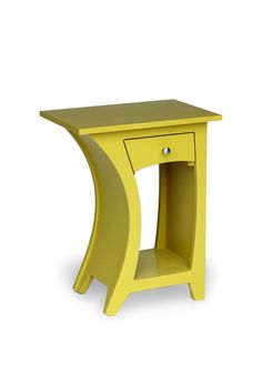 a small yellow table with an open drawer on the top and one drawer at the bottom