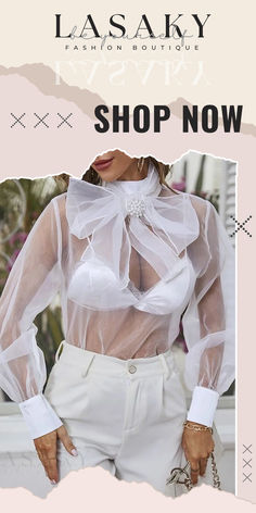 Lasaky – Sophisticated Organza Top with Lantern Sleeves and Tie Neck Organza Top, Blouse Material, Lantern Sleeves, Sleeve Styles, Neck Tie, Lanterns, Sleeve Length, Long Sleeve