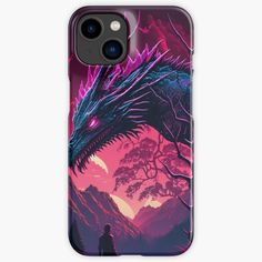 a phone case with an image of a dragon in the sky and mountains behind it