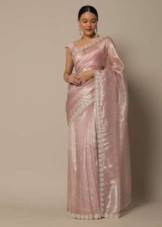 Onion Pink Tissue Saree With Cutdana Work And Unstitched Blouse Piece Onion Pink Organza Saree, Jewellery On Pink Saree, Blouse Design For Tissue Saree, Blouse For Tissue Saree, Pink Tissue Saree Blouse Designs, Pestal Colour Sarees, Pink Saree For Farewell, Pink Saree Jewellery, Onion Colour Saree