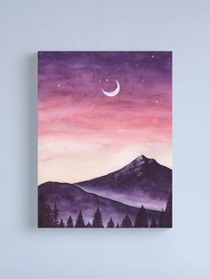 a painting of a mountain with the moon in the sky