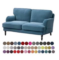 a blue couch with different colors on it