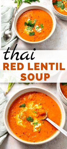 two bowls of thai red lentil soup