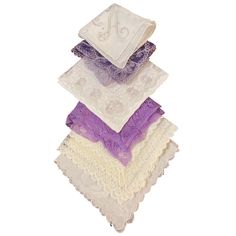 A Set New, Unused Handkerchiefs, Each With A Different Design. The Top Handkerchief Is White With An Embroidered Letter 'A' In The Center. The Second Handkerchief Is A Light Purple With A Delicate Lace Pattern. The Third Handkerchief Is White With A More Intricate Lace Pattern. The Bottom Handkerchief Is A Darker Purple With A Simple Lace Pattern. All Handkerchiefs Are Made Of Cotton And Have A Scalloped Edge. The Handkerchiefs Are In New Condition, But They Do Not Have Tags Or A Box. Simple Lace Pattern, Lace Handkerchief, Purple Lace, Lace Pattern, Scalloped Edge, Light Purple, A Box, Scarf Wrap, Selling On Etsy