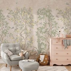 a living room with a chair, ottoman and wallpaper