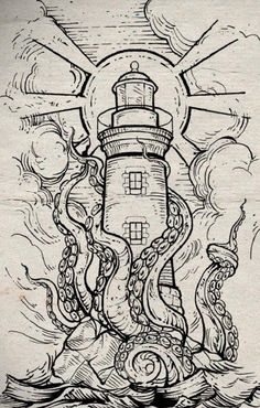 an ink drawing of a lighthouse with octopus tentacles around it and the sun in the background