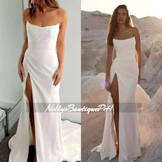 two different pictures of a woman in white dresses and one is wearing a high slit dress