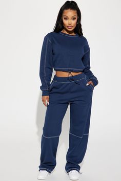 Aria Contrast Stitch Fleece Lounge Jogger - Navy Fashion Nova Pants, Navy Fashion, Jogger Set, Womens Loungewear, Crew Neck Top, Contrast Stitch, Outfit Sets, Fashion Nova, Pant Jumpsuit