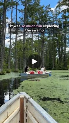 a boat traveling down a river filled with green algae