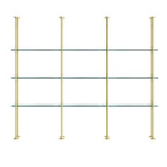 three shelves with glass shelves on each side and gold metal poles in the middle, against a white background