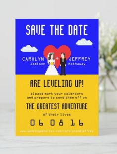 save the date card with an image of a man and woman in pixel art style