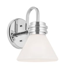 a chrome wall light with a white glass shade