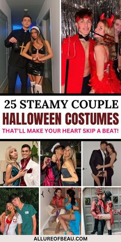 some people are dressed up in costumes and posing for pictures with the words 25 steamy couple halloween costumes that'll make your heart skip a beat