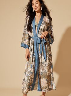 Floral Blue Olive Green Charmeuse Kimono Robe Dressing Gown - Ulivary Elegant Blue Floral Print Kimono, Spring Open Front Home Robe, Elegant Spring Home Robe, Floral Print Sleepwear With Kimono Sleeves, Blue Floral Print Robe For Home, Elegant Spring Kimono For Home, Spring Wedding Night Sleepwear With Open Front, Floral Print Kimono Sleeves Sleep Robe, Feminine Floral Print Robe For Loungewear