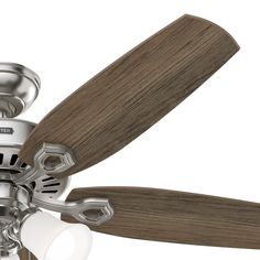 a ceiling fan with two wooden blades on the top and one light on the bottom