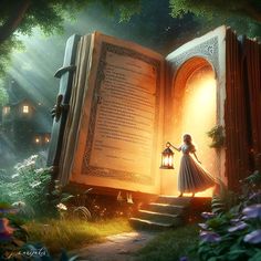 an open book sitting on top of a lush green field next to a forest filled with flowers