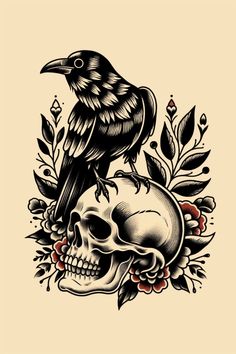 a black bird sitting on top of a skull