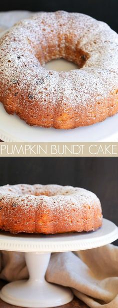 two photos of a pumpkin bundt cake with powdered sugar on the top and bottom