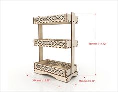 three tiered wooden shelf with drawers on each side and measurements for the bottom section