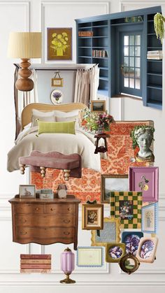 a collage of pictures and furniture in a bedroom