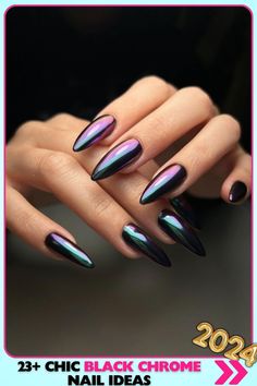 Iridescent black chrome stiletto nails with multi-dimensional shine. These stunning, captivating nails are perfect for showcasing bold style. Ideal for those who want to stand out with their black chrome nails. Crom Nails, Chrome Stiletto Nails, Hoco Nails, Iridescent Black