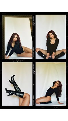 four different shots of a woman in black clothing and boots sitting on the floor with her legs crossed