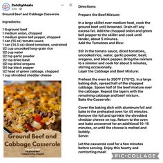 the recipe for ground beef and cabbage casserole is shown in this brochure