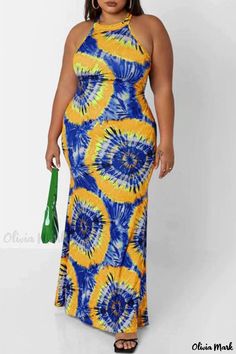 Olivia Mark - Chic Hollowed Out O Neck Sleeveless Plus Size Dress with Fashionable Print in Orange and Green Casual Multicolor Strapless Sleeveless Dress, Yellow Strapless Casual Maxi Dress, Casual Yellow Strapless Maxi Dress, Printed Sleeveless Yellow Maxi Dress, Casual Yellow Sleeveless Maxi Dress, Red Sleeveless Dress, Dress Sleeve Styles, Chic Type, Plus Size Maxi Dresses