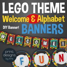 the welcome banner for lego themed children's birthday party