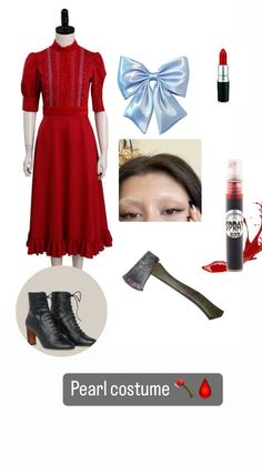 a woman in a red dress and accessories including lipstick, hairbrush, nose ring, nail polish